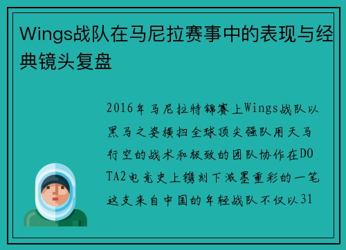 Wings战队在马尼拉赛事中的表现与经典镜头复盘