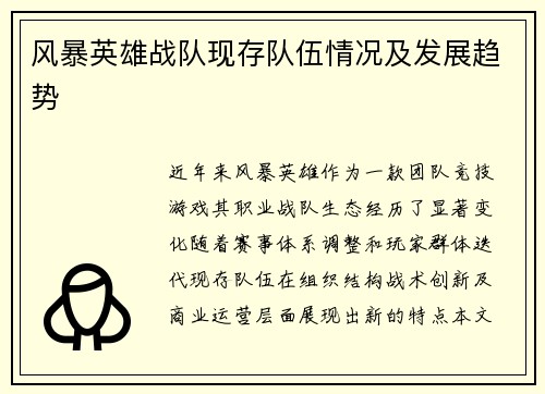 风暴英雄战队现存队伍情况及发展趋势