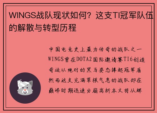 WINGS战队现状如何？这支TI冠军队伍的解散与转型历程