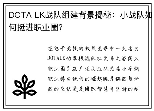 DOTA LK战队组建背景揭秘：小战队如何挺进职业圈？